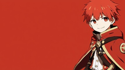 Fototapeta premium Red-haired boy, anime style, red background, fantasy cloak