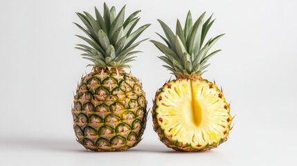 Fresh and vibrant pineapples stand proud. The whole pineapple and a cut pineapple reveal juicy yellow flesh. Perfect for healthy recipes and fruit displays. Generative AI