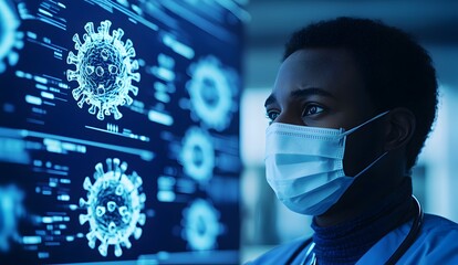 A healthcare professional in a mask analyzes digital virus data on a screen, highlighting the importance of technology in medical research.