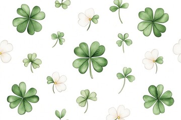 A seamless pattern featuring various green and white clover leaves on a white background