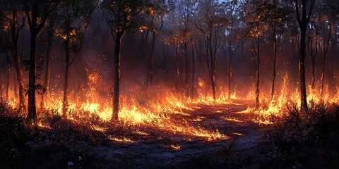 Obraz premium Wildfire consumes forested area, showcasing the intense spread of flames amidst trees at dusk