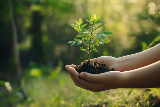 Hands Holding Young Tree in Forest: Environmental Protection Concept - Powered by Adobe