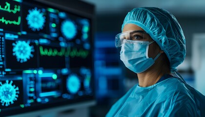 A medical professional in protective gear stands before a high-tech screen displaying virus data, symbolizing healthcare and advanced technology.