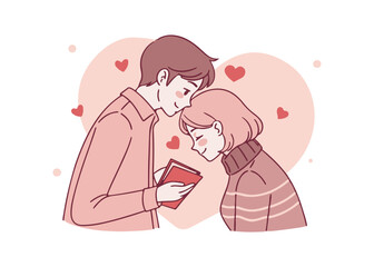 valentine's day. A loving couple touching their foreheads and holding a red postcard on a pink heart background. Minimalistic vector style