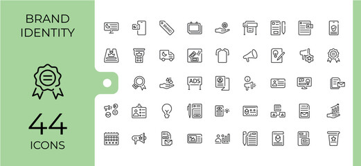 Set of Brand Identity line icons. It contains symbols to project, marketing, social, advertising, development, product, vision, slogan. Minimalistic icons. Editable vector stroke.