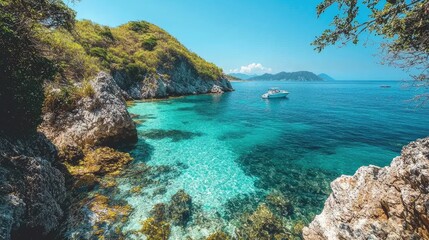 Serene Coastal Scene Boat Anchored Near Rocky Shore