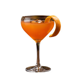 A spiral orange peel twist resting elegantly on the rim of a crystal-clear cocktail glass filled with an orange-tinted beverage