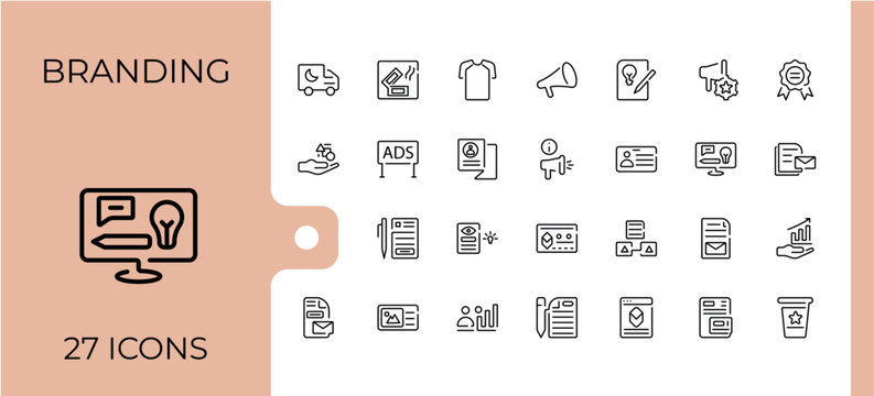 Branding lined icons set. Includes thin line branding, web, positioning, target, pr, customer. Pixel perfect. Editable stroke. Vector illustration.