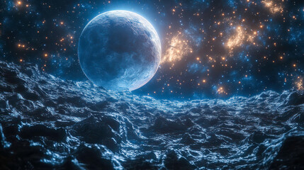A surreal extraterrestrial landscape featuring a large moon hovering over a rugged terrain illuminated by cosmic lights