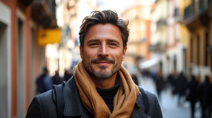A confident man in a stylish scarf smiles warmly while walking through a bustling city street