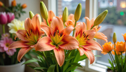 Vibrant Easter lilies blooming in flower shop window, seasonal beauty