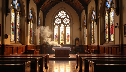 Fototapeta premium Easter morning altar with incense smoke in beautiful church, spirituality