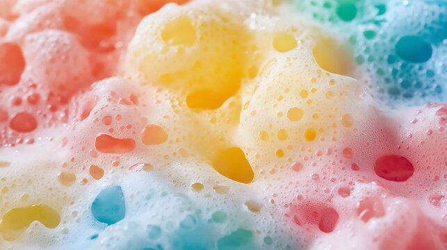 Colorful bubbles reveal vibrant foam textures in a playful soapy mixture at a cheerful cleaning session