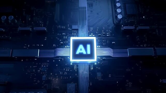 Abstract futuristic Digital technology AI computer chip with pulsing light and energy along its wiring blue background computer motherboard