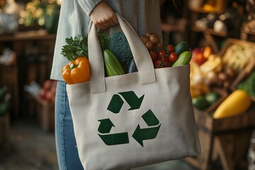 Reusable textile shopping bag with fruits and vegetables, recycling, sustainability, ecology