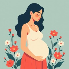 Happy pregnant girl stroking her big belly listening to the baby