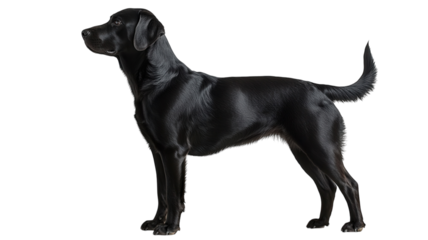A sleek black Labrador stands proudly with an alert expression in a bright, minimalist setting
