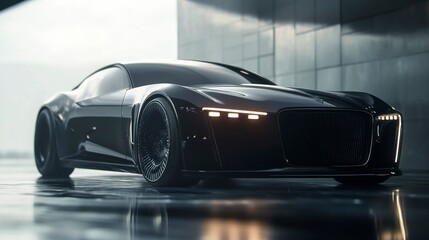 Naklejka premium Futuristic luxury sedan with elegant headlight strips urban setting automotive photography modern aesthetic ground view