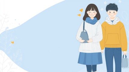 Obraz premium Happy couple winter stroll, light blue background, website banner