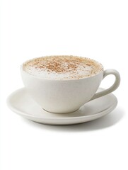 Spiced cappuccino, white cup, saucer, cafe setting