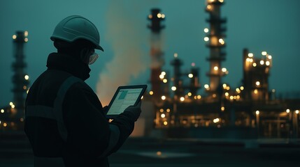 Industrial Worker Using Tablet at Night