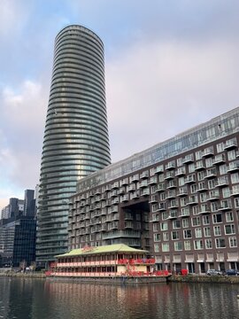 Baltimore Tower, also known as Arena Tower and nicknamed The Slinky. Millwall, Isle of Dogs, London, UK. January 2025. 