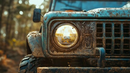 Fototapeta premium Exploring vintage offroad vehicles with dual round headlights in a natural landscape close-up view for automotive enthusiasts