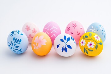 Fototapeta premium Colorful decorated eggs arranged artistically on a white background for festive celebrations