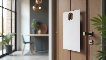 A sleek door hanger mockup with a modern design displayed on a stylish door in a refined studio setting, perfect for showcasing branding concepts and marketing materials