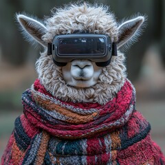 Obraz premium Funny Animal Wall Art Pink Llama in VR glasses