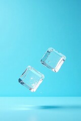 Fototapeta premium Two Crystal Clear Ice Cubes Falling Against a Light Blue Background, a Refreshing Visual Representation of Purity and Coldness