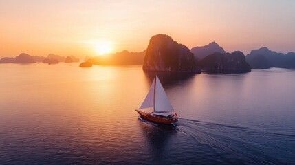 Explore breathtaking sunset views with serene sailing on Halong Bay, Vietnam's top travel destination for unforgettable adventures.