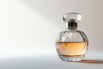 Elegant glass perfume bottle captured in soft light. The amber liquid inside glows beautifully. A symbol of luxury and charm. Generative AI