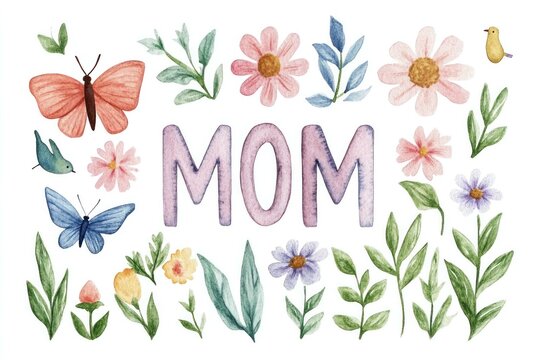 A beautiful floral watercolor illustration celebrating Mother s Day with the word MOM surrounded by butterflies and colorful flowers, perfect for cards or gifts