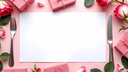 Top view of a large blank white card and surrounded by fork, knife, pink gift boxes, pink roses, isolated on pink pastel background, Valentine's day menu concept