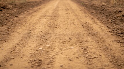 Naklejka premium Dirt road vanishing point, tire tracks on dry brown soil.