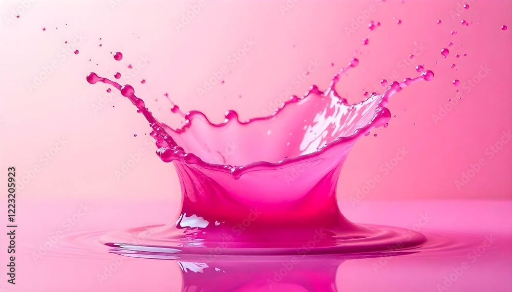 Poster A vivid splash of bright pink liquid exploding dynamically against a soft gradient background, highlighting vibrant colors and fluid motion illuminated by natural light
