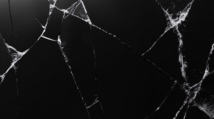 Broken glass pattern on black surface creating abstract white fracture lines