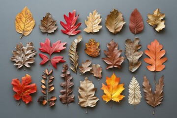Collection of autumn leaves in various colors and shapes arranged on a gray background.