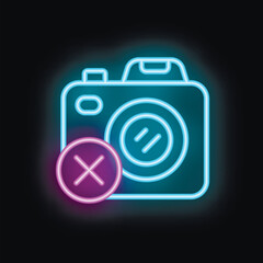 Neon sign of a camera with a cross over it, indicating photography is not allowed