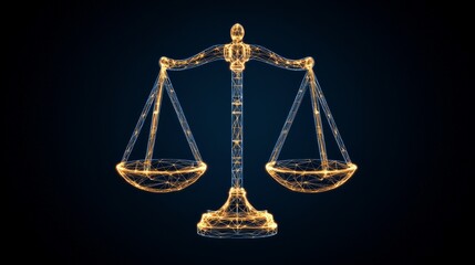 A glowing scale symbolizing justice, rendered in a digital style, set against a dark background, representing balance and fairness.