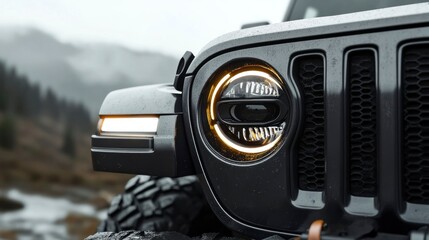 Offroad vehicle headlights showcase rugged terrain high-detail photography outdoor adventure close-up automotive innovation