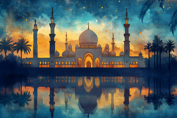 Majestic mosque silhouette at sunset with reflective water and palm trees, watercolor