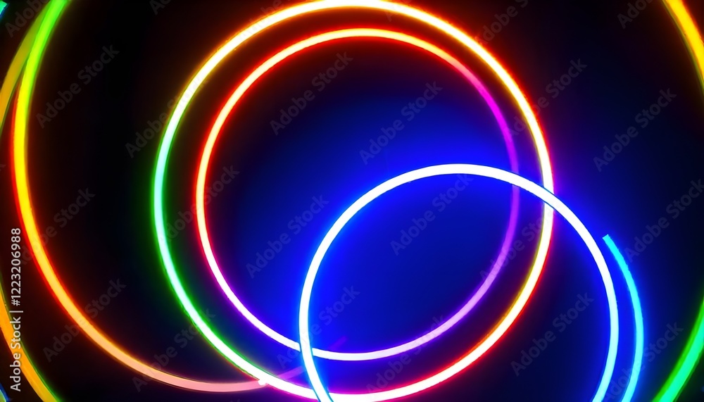 Poster bright, multicolored neon rings arranged in concentric circles glow vividly against a dark backdrop,