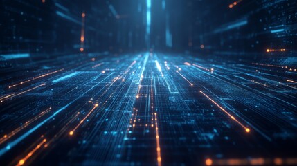 A futuristic abstract design featuring intersecting digital grids and luminous circuitry, in a sleek technological setting, Grid style