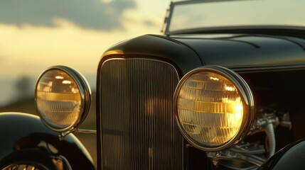 Classic vintage car with round tinted headlights at sunset gigapixel quality automotive photography