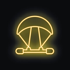 Neon sign of a parachute glowing yellow on a black background, perfect for representing extreme sports