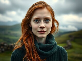 Fototapeta premium Irish Woman with Freckles in Countryside, Radiant in Natural Light
