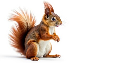 Obraz premium A Vibrant Red Squirrel Posing Against a Pure White Background, Its Bushy Tail Spreads Out, Showing Off Its Rich Coloration and Adorable Features