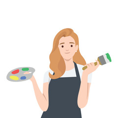 Woman artist holding a paintbrush and a palette with vibrant color. Creative Painter at Work. Flat vector illustration isolated on white background